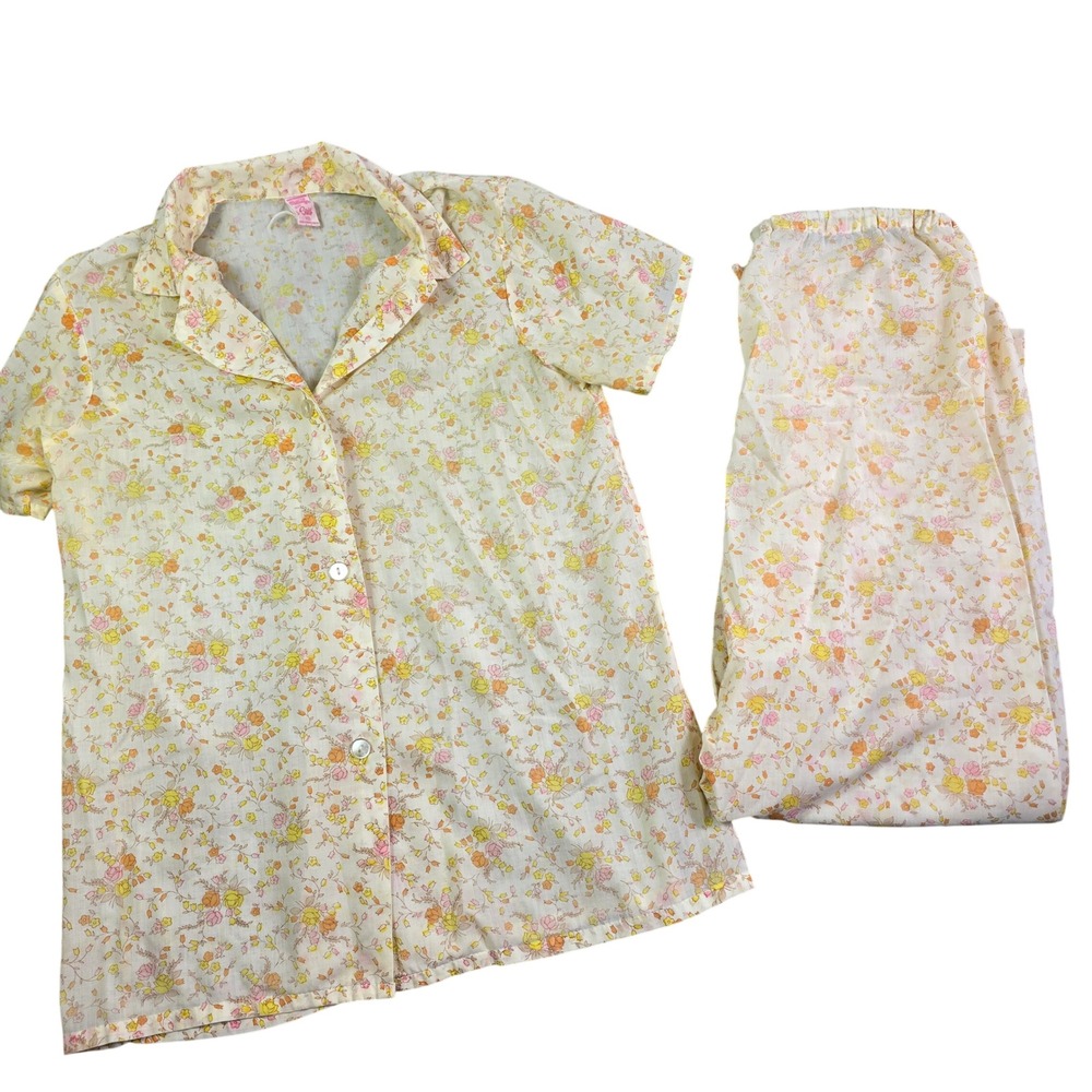 Vintage 70s Sears Floral Pajama‎ Set Women 34 Sm Short Sleeve Button Top Bottoms